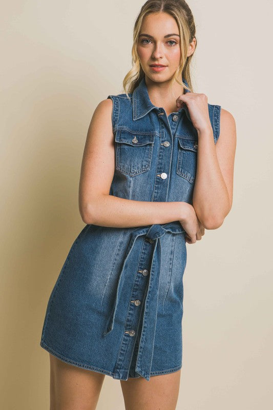 Denim Strapless Dress with Waist Tie